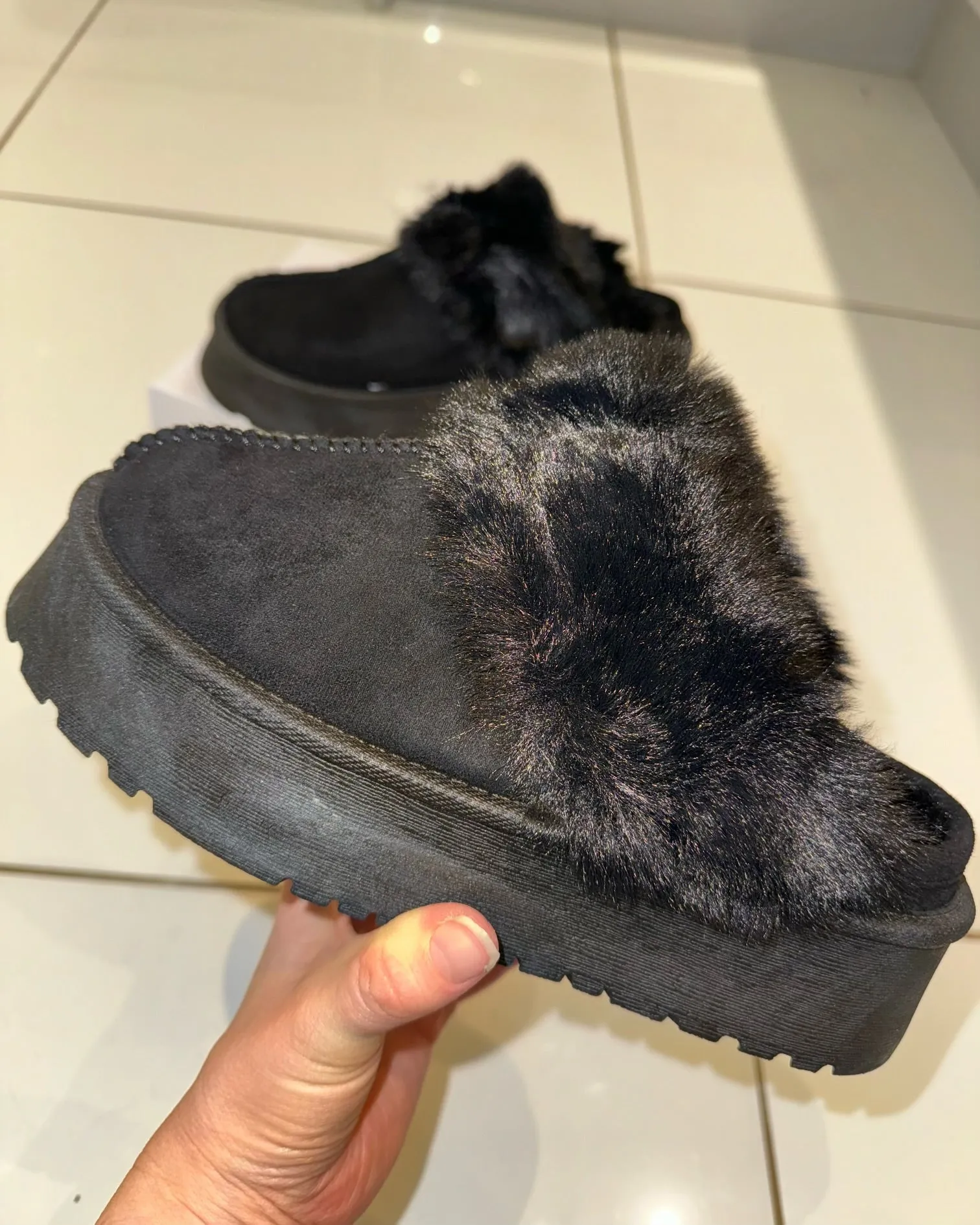 Black LUXE Chunky Platform Faux Fur Slip Ons