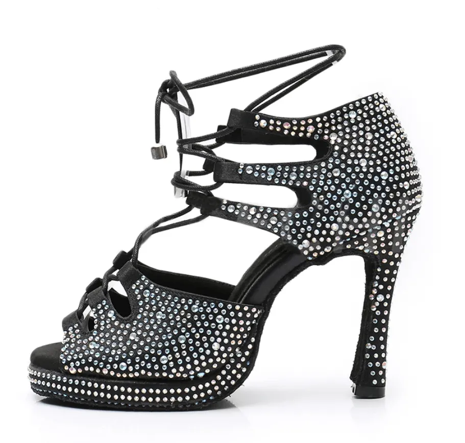 Black Satin Rhinestone Samba Platform Dance Heels