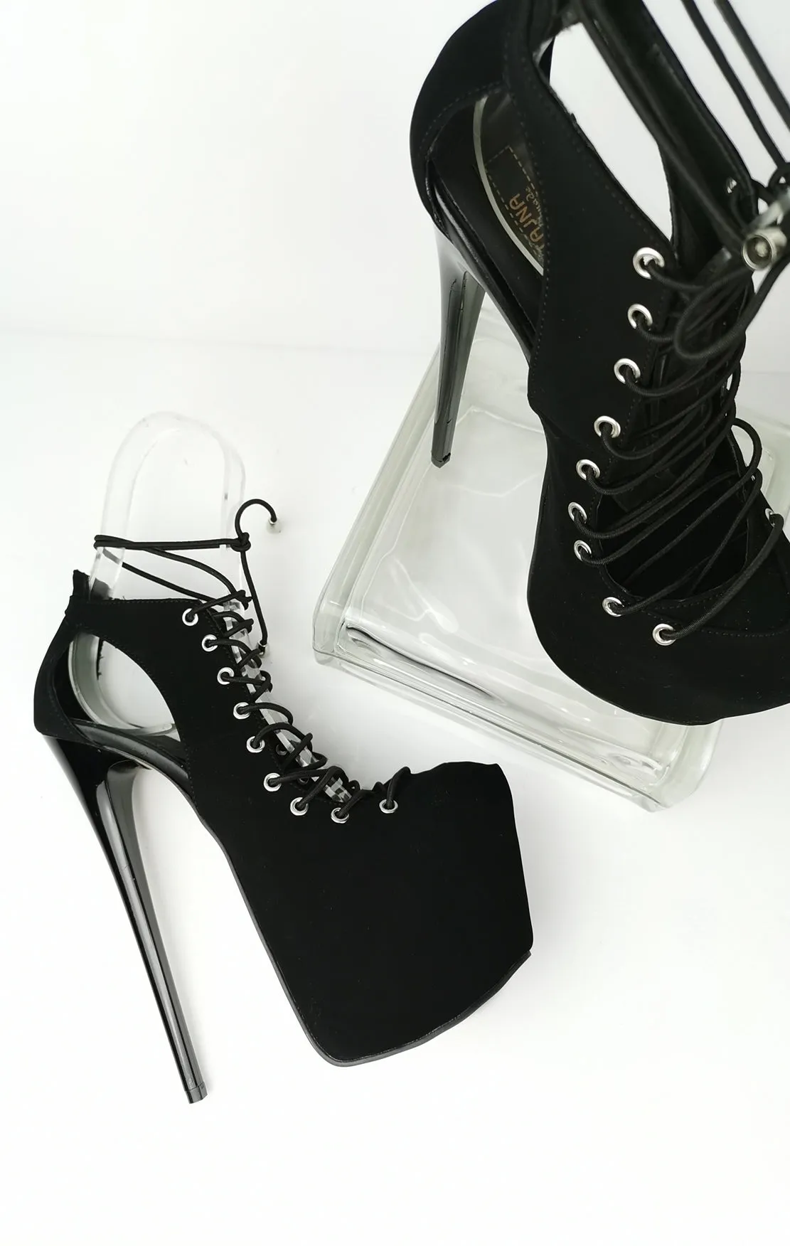 Black Suede Designer Lace Up Heels