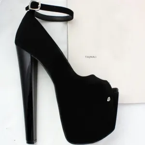 Black Suede Platform Thick Heels