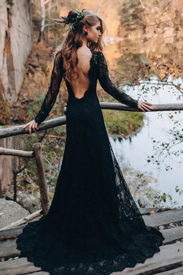 Black Sweetheart Long Sleeves Lace Backless Wedding Dresses WD673