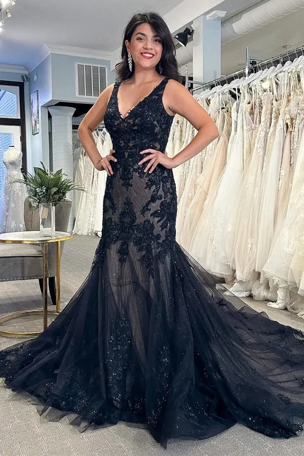 Black Tulle Appliques V-Neck Trumpet Long Wedding Dress WD699