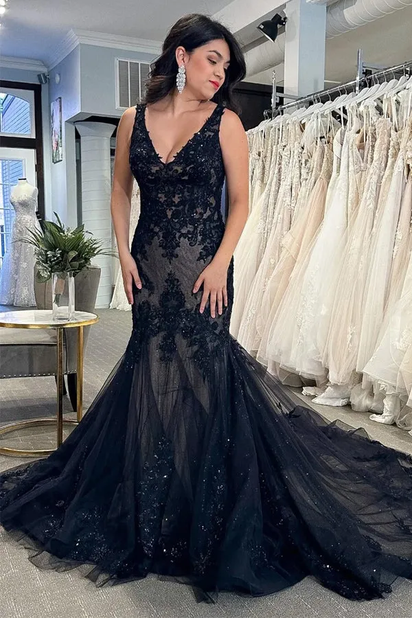 Black Tulle Appliques V-Neck Trumpet Long Wedding Dress WD699