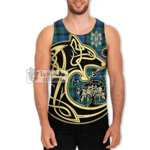 Black Watch Ancient Tartan Men's Tank Top with Family Crest Celtic Wolf Style