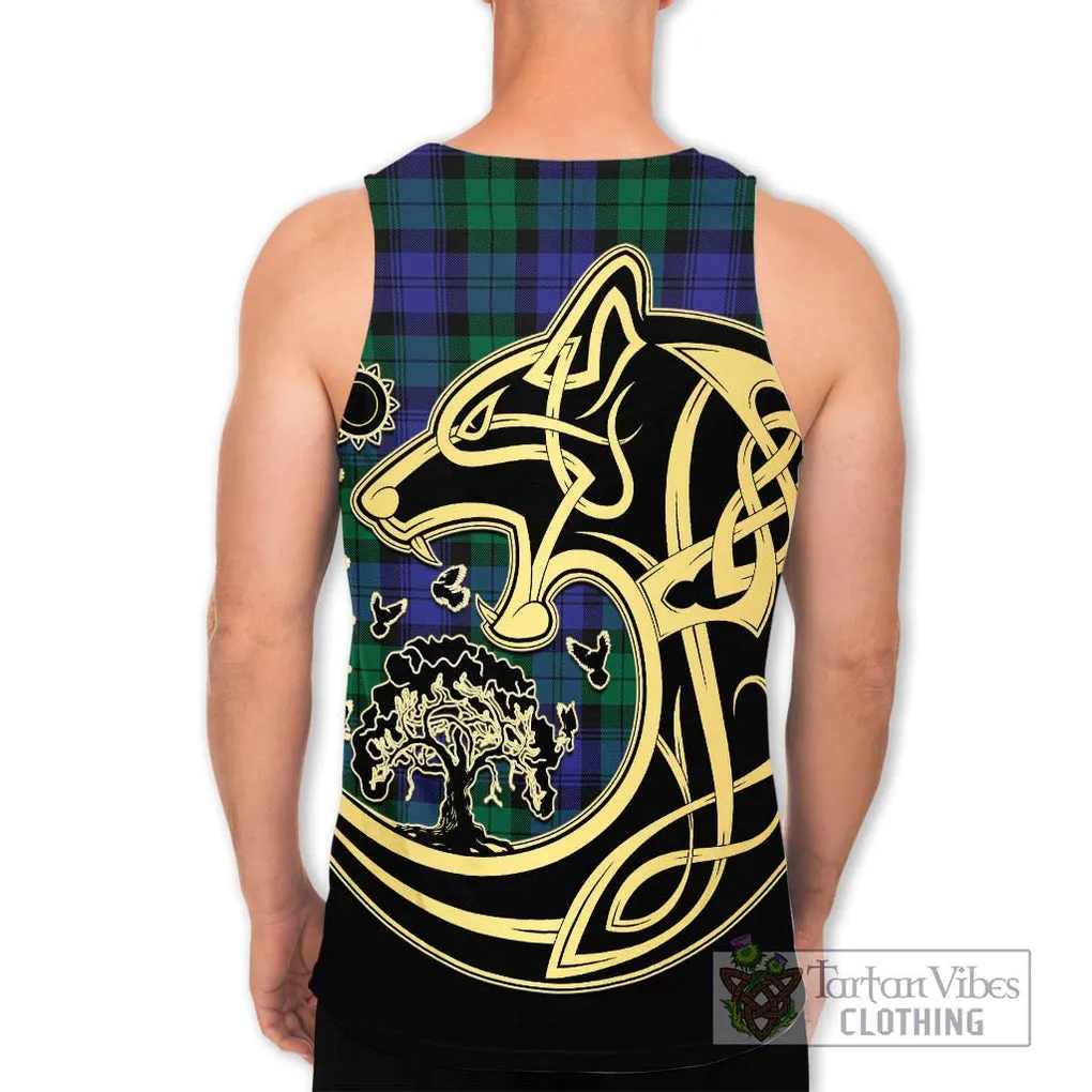 Black Watch Modern Tartan Men's Tank Top with Family Crest Celtic Wolf Style