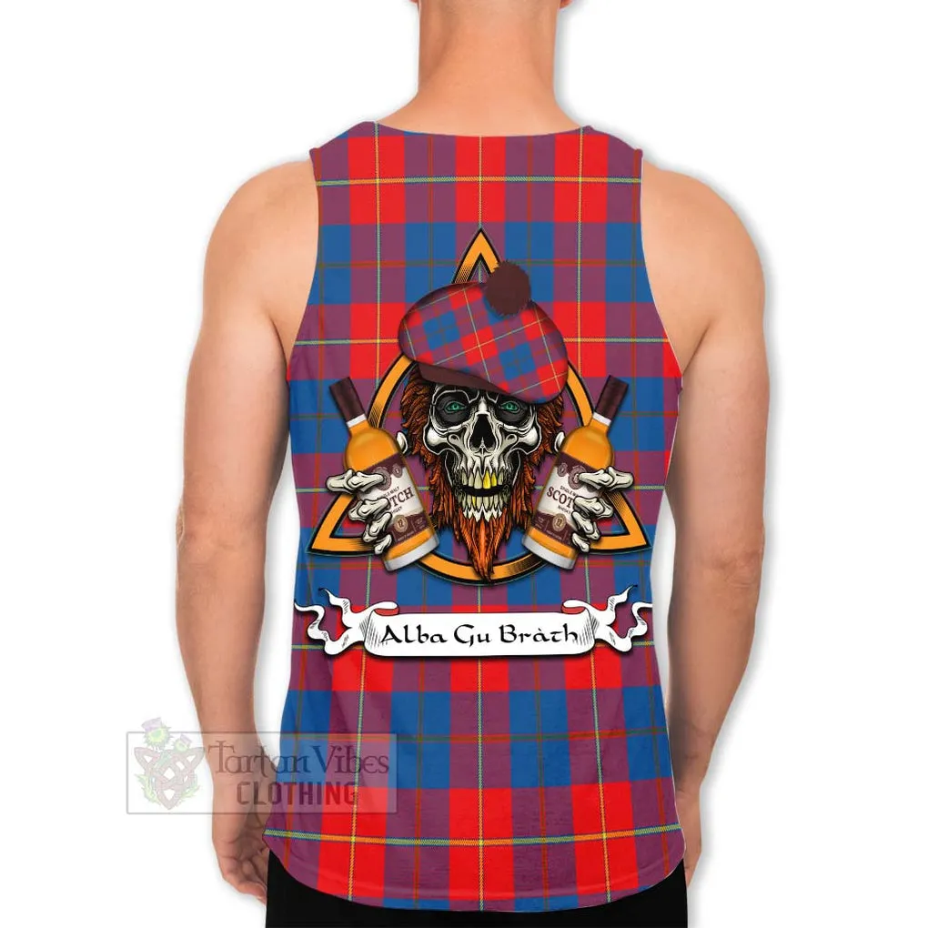 Blane Tartan Men's Tank Top with Family Crest and Bearded Skull Holding Bottles of Whiskey