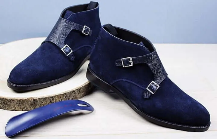 Blue Double Monk Strap Boot,Men's Suede Boot