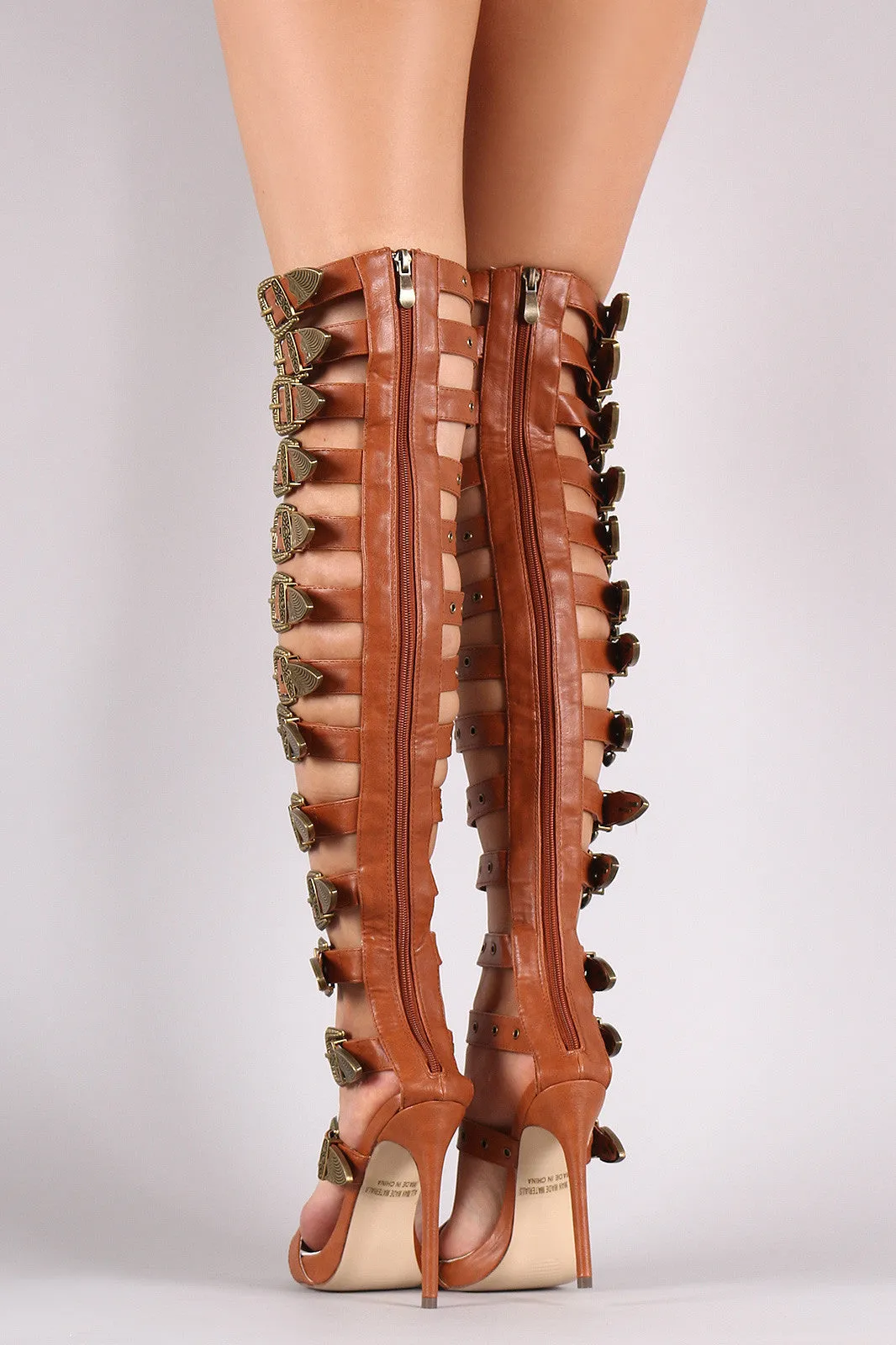 Bora - Strappy Buckled Grommets Thigh High Gladiator Heel