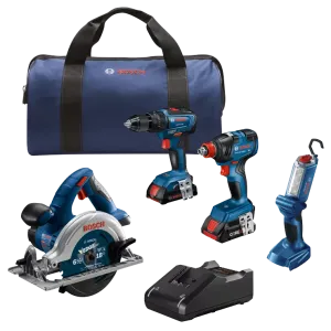 BOSCH 18V 4-Tool Combo Kit w/ 2-IN-1 1/4" & 1/2" Bit/Socket Impact Driver/Wrench, 1/2" Hammer Drill/Driver, 6-1/2" Circular Saw & LED Worklight