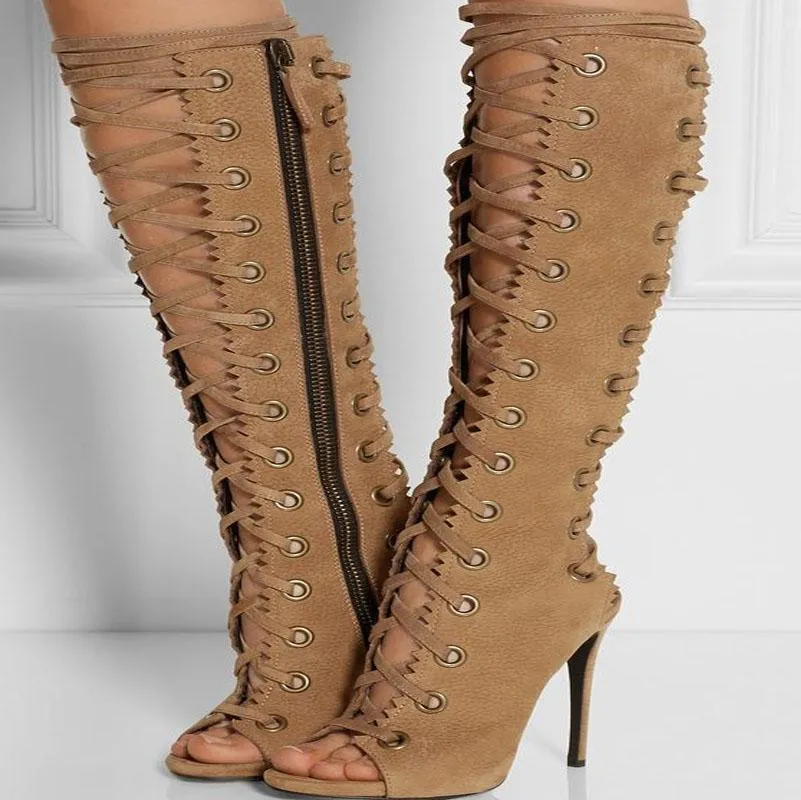 Brown Peep Toe Lace Up knee High Boots