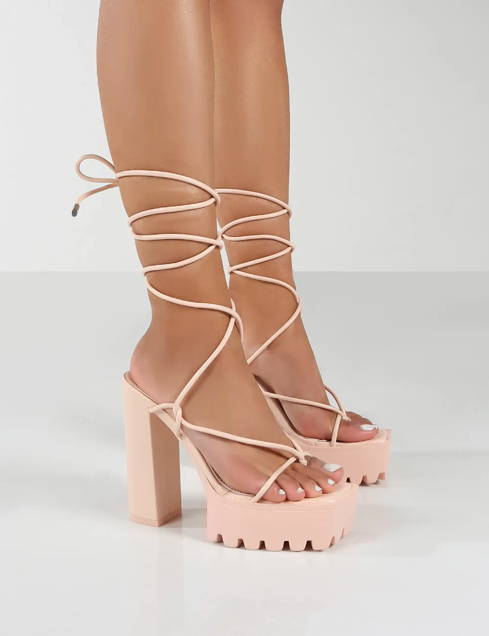 Certified Nude Chunky Platform Lace Up Heels