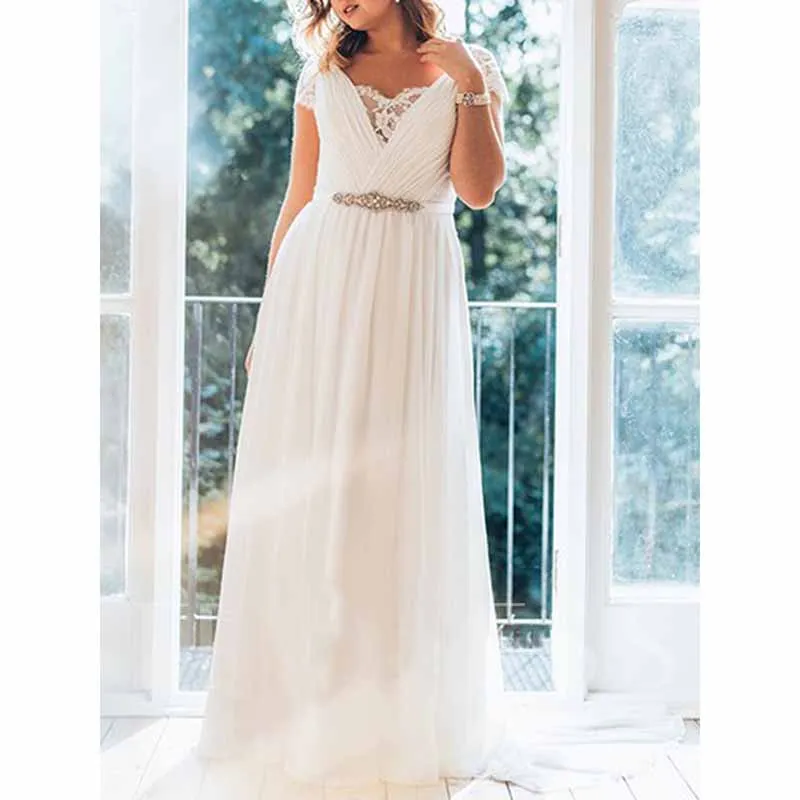 Chiffon Wedding Dress Short Sleeves Beach Bride Dress Long