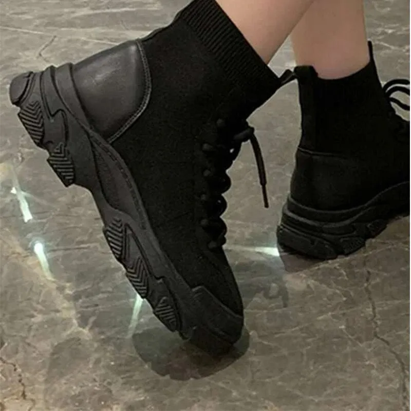 Christmas Gift New Fashion Boots Women Lace-Up Ankle Booties Casual Sneakers Platform Shoes Woman PU No-Slip Socks Shoes Round Boots Ladies