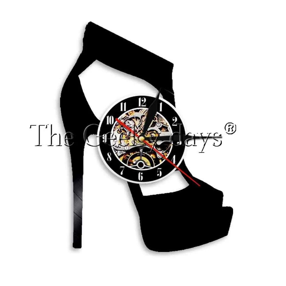 Classic Black High Heel Design Wall Clock Fashion Wall Art Shoes Store Business Sign Wall Art Vinyl Record Wall Clock Lady Gifts