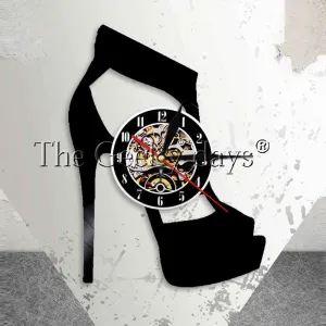 Classic Black High Heel Design Wall Clock Fashion Wall Art Shoes Store Business Sign Wall Art Vinyl Record Wall Clock Lady Gifts