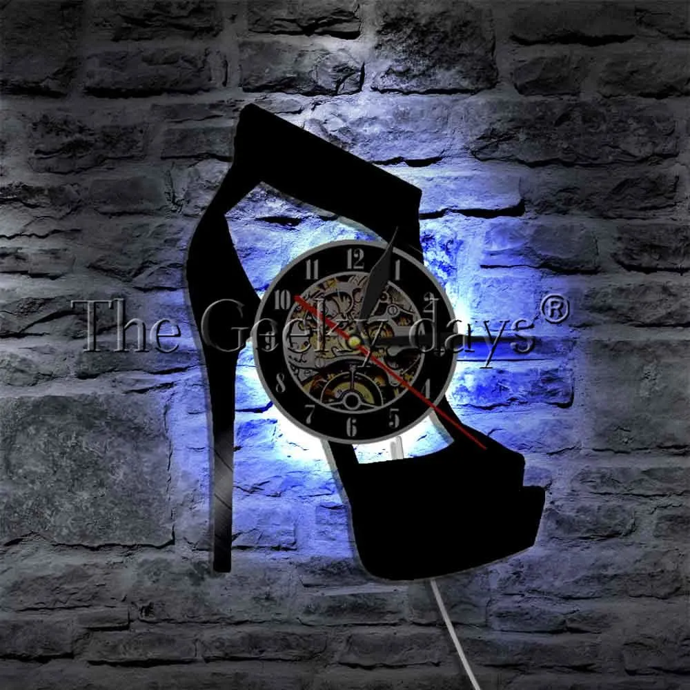 Classic Black High Heel Design Wall Clock Fashion Wall Art Shoes Store Business Sign Wall Art Vinyl Record Wall Clock Lady Gifts