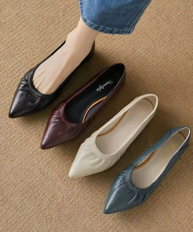 Classy Flat Shoes For Women Black Cowhide Leather Pointed Toe AP1024