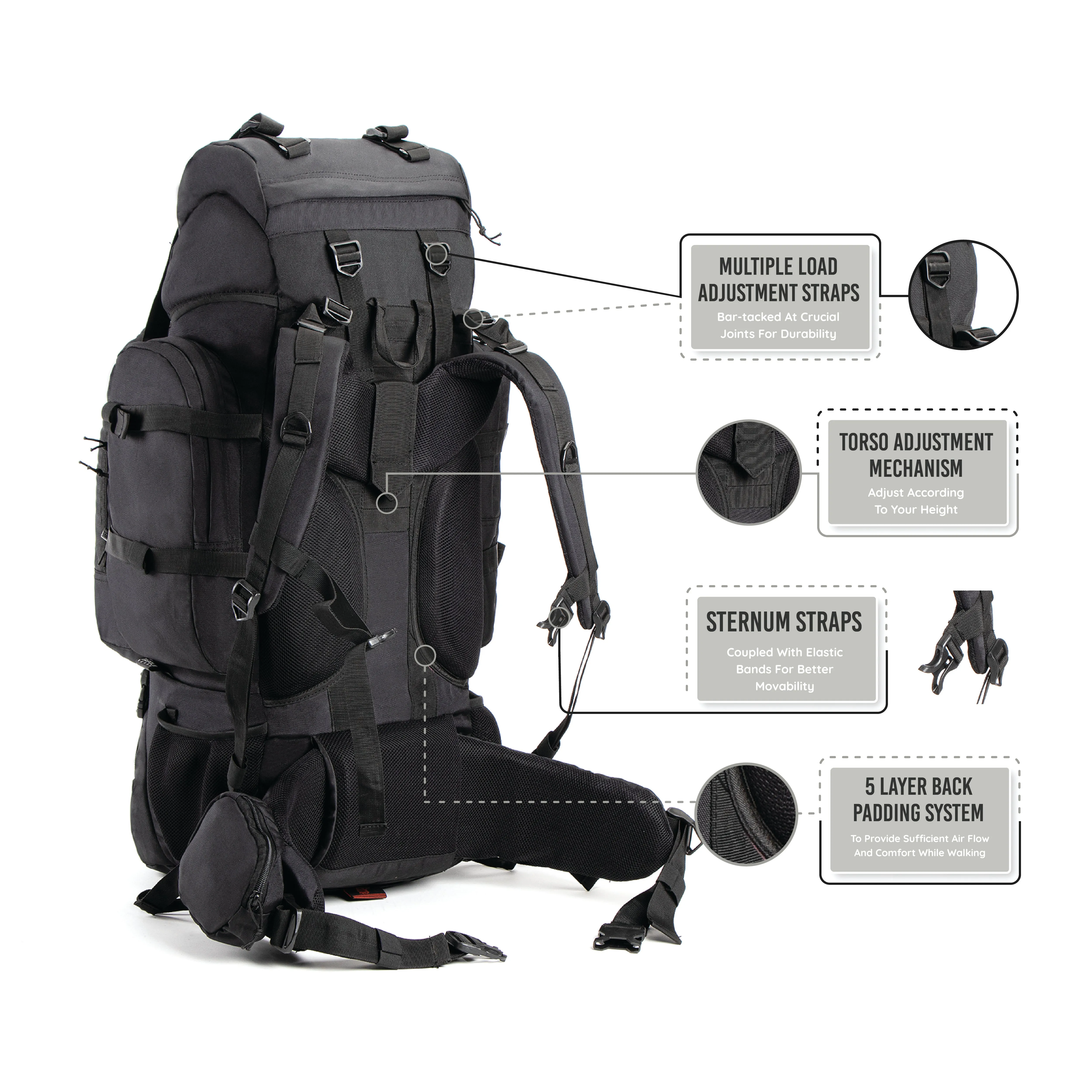 Colonel Series 80 Litre Rucksack   Detachable Day Pack & Rain Cover | Black