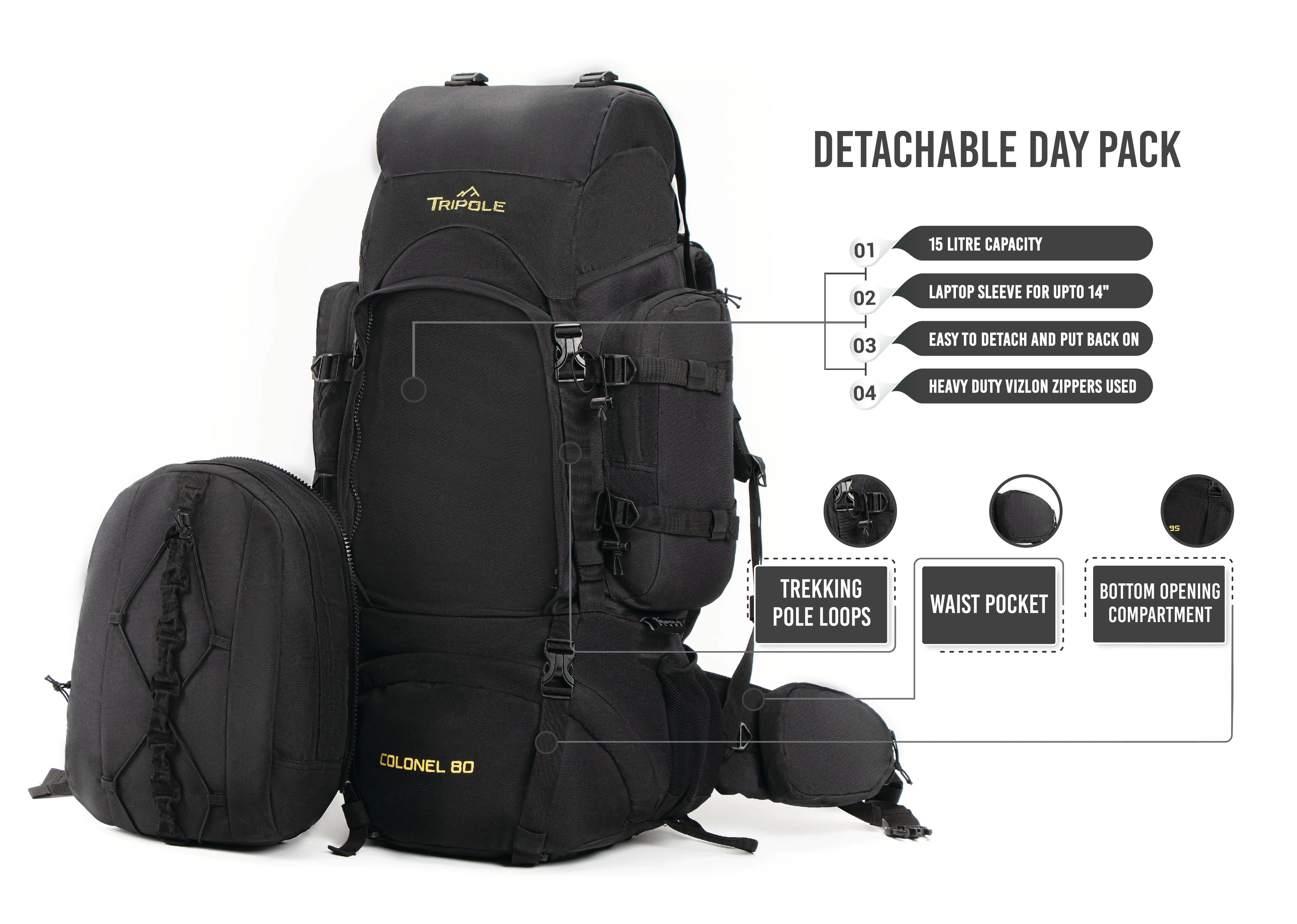 Colonel Series 80 Litre Rucksack   Detachable Day Pack & Rain Cover | Black