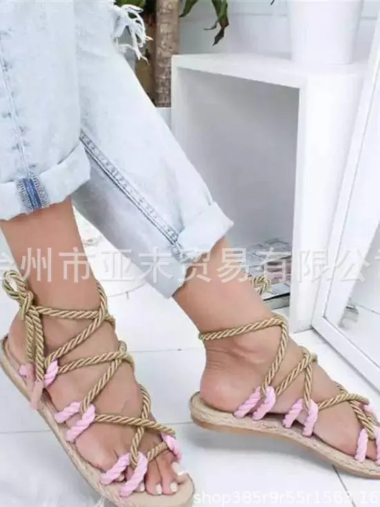 Color Matching Large Size Twine Straps Flat Bottom Women's Sandals Beach Shoes