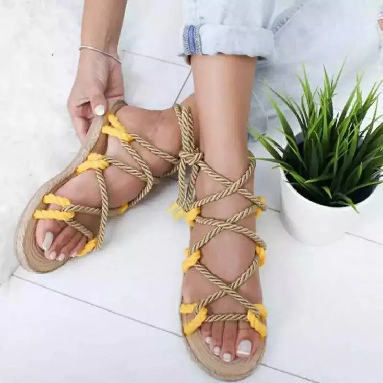 Color Matching Large Size Twine Straps Flat Bottom Women's Sandals Beach Shoes