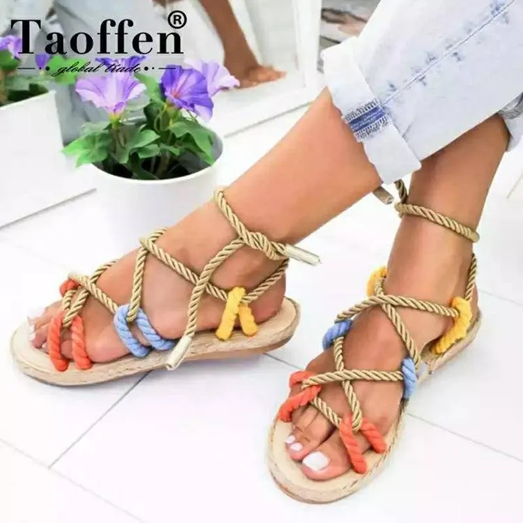 Color Matching Large Size Twine Straps Flat Bottom Women's Sandals Beach Shoes