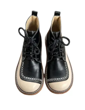 Color Matching Thick-soled Lace-Up Round Toe Boots