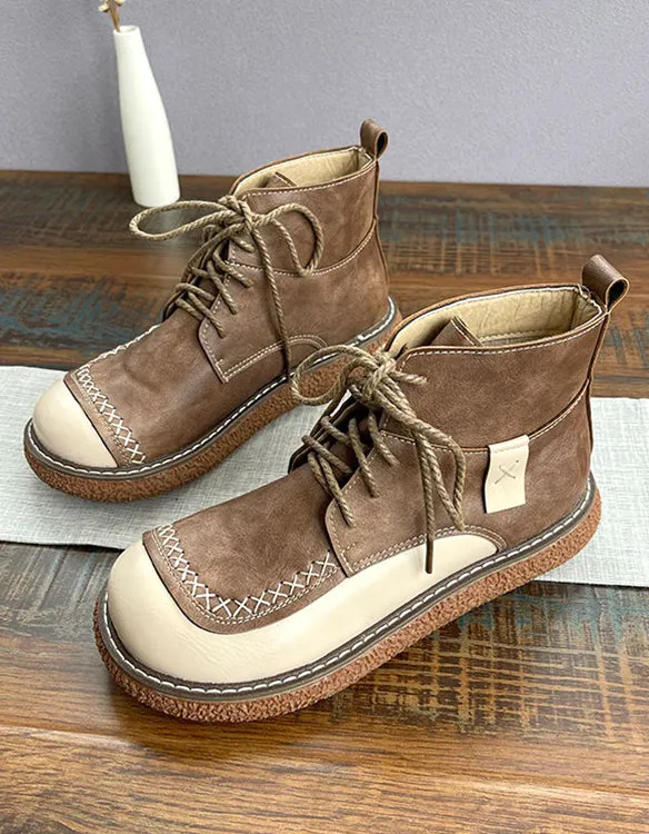 Color Matching Thick-soled Lace-Up Round Toe Boots