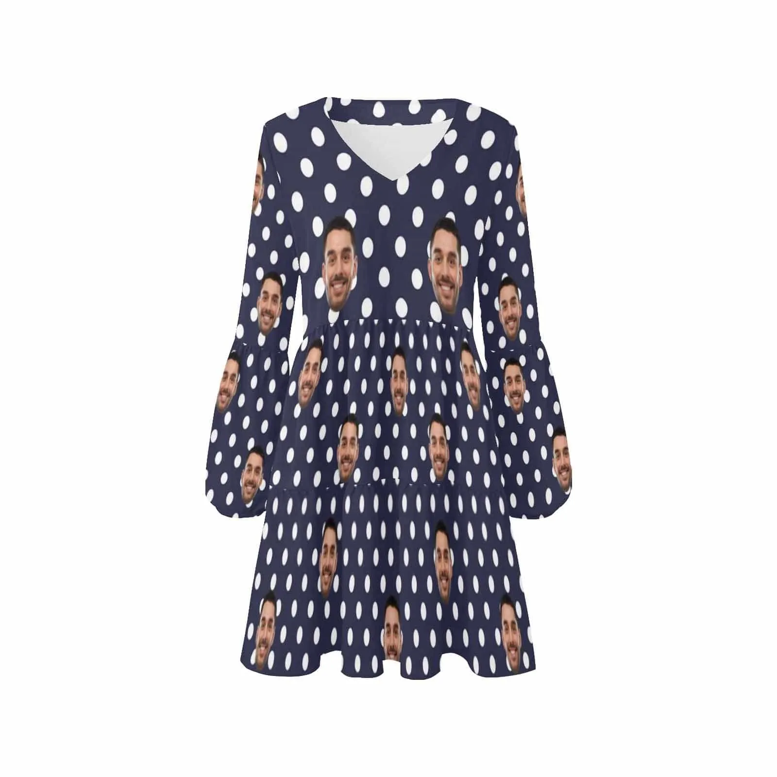 Custom Face Blue Polka Dots Women's V Neck Casual Loose Flowy Swing Dresses Summer Ruffle Tunic Dress