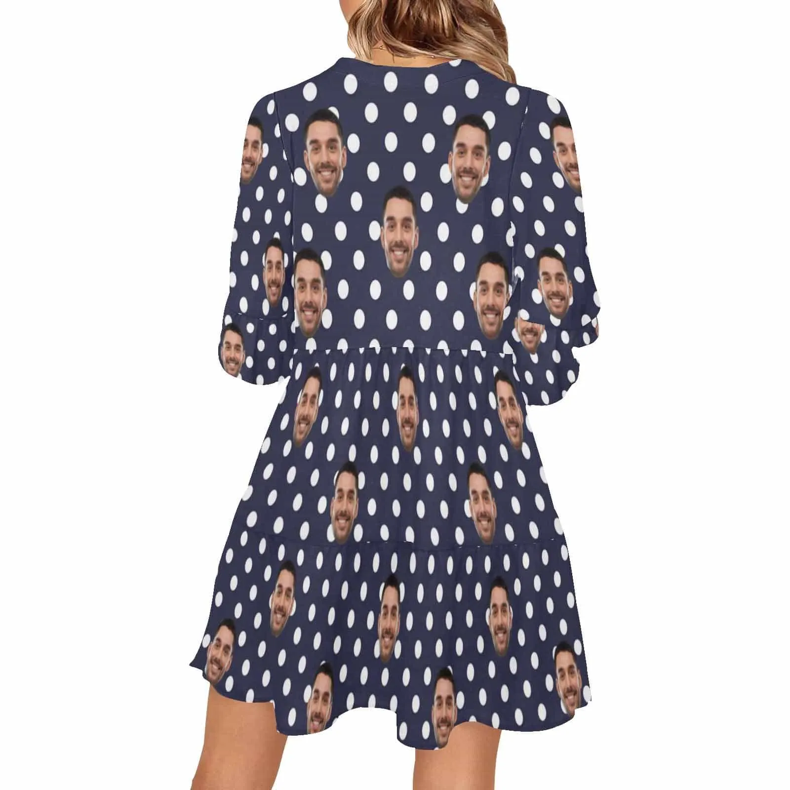 Custom Face Blue Polka Dots Women's V Neck Casual Loose Flowy Swing Dresses Summer Ruffle Tunic Dress