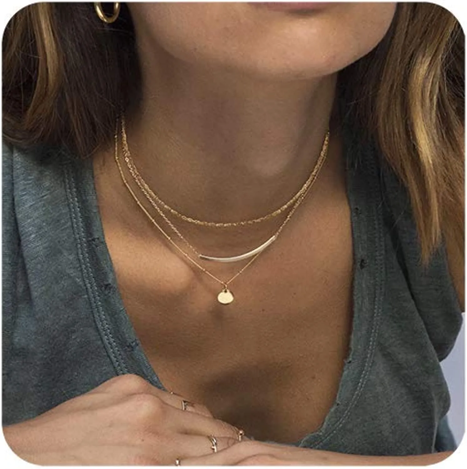 Dainty Layered Choker Necklaces Handmade Coin Tube Star Pearl Pendant Multilayer Adjustable Layering Chain Gold Plated Necklaces Set for Women Girls