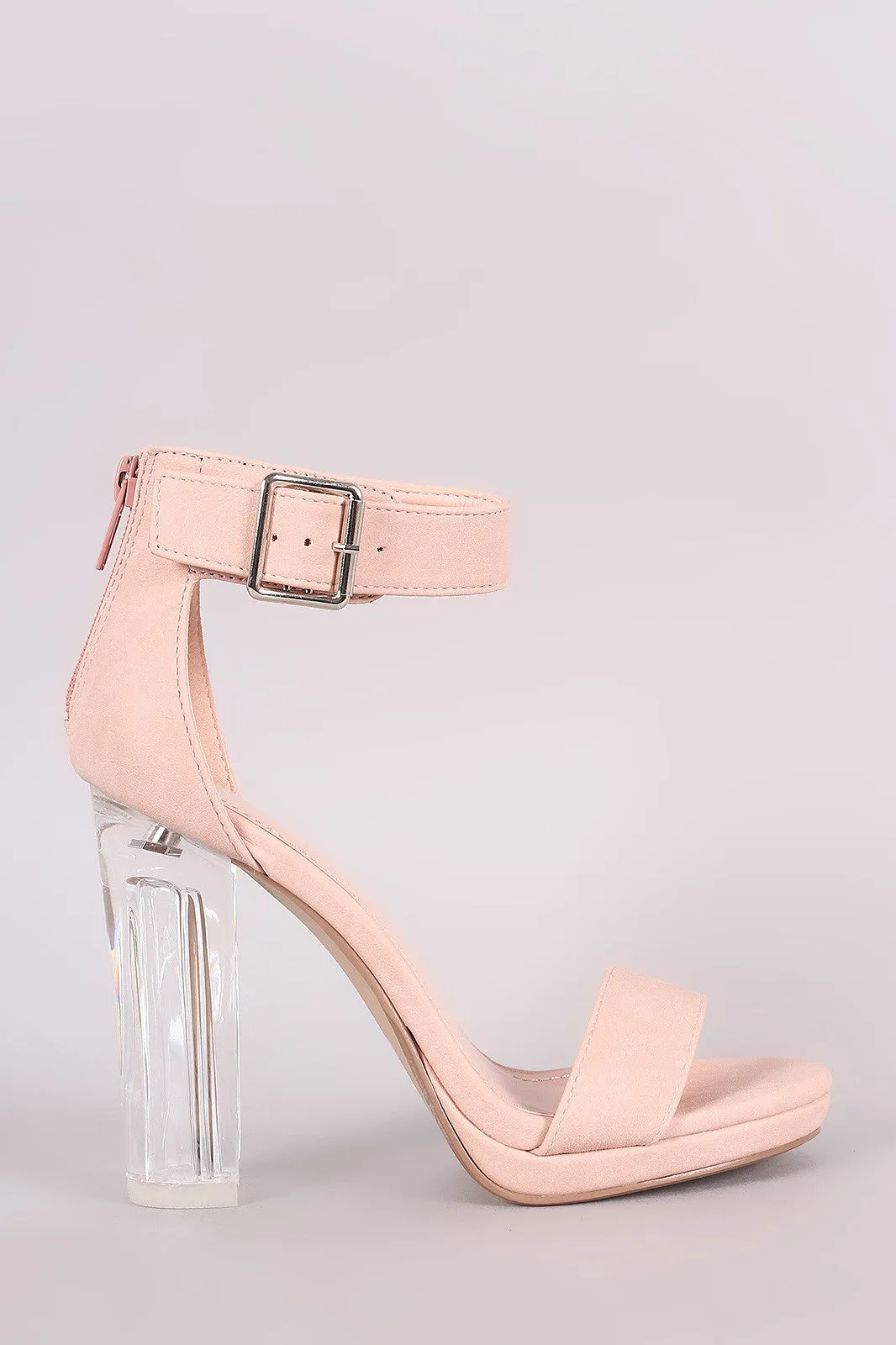 Delicious Nubuck Buckled Ankle Strap Chunky Lucite Heel