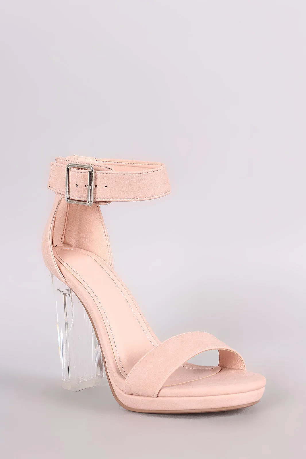 Delicious Nubuck Buckled Ankle Strap Chunky Lucite Heel