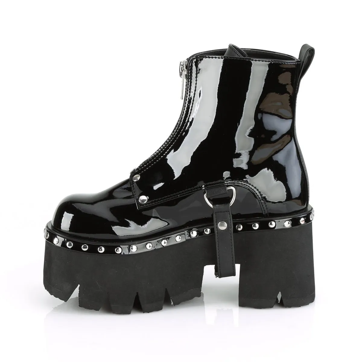 Demonia ASHES-100 | Black Patent Vegan Leather Ankle Boots