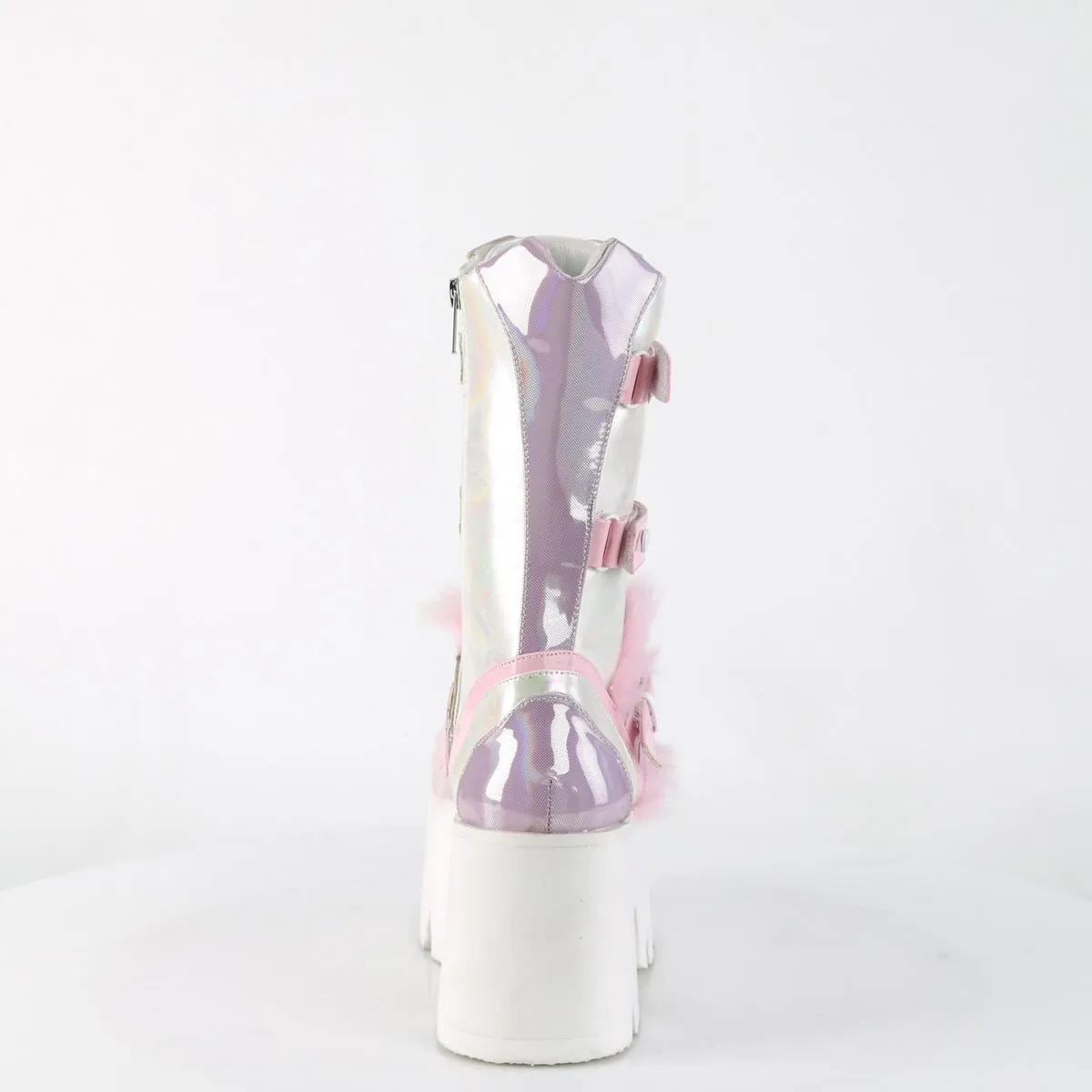 Demonia ASHES-120 | Baby Pink Holo Patent Leather Mid-Calf Boots