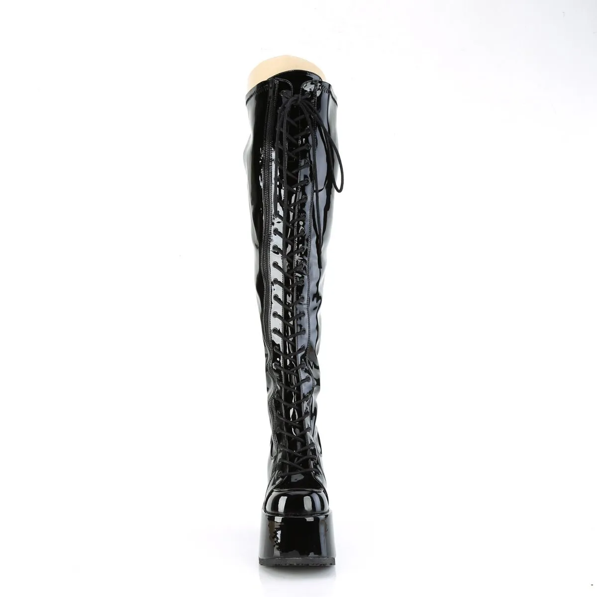 Demonia CAMEL-300WC | Blk Stretch Pat. Leather Above Knee Boots