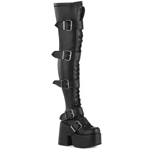 Demonia CAMEL-305 | Black Stretch Vegan Leather Above Knee Boots