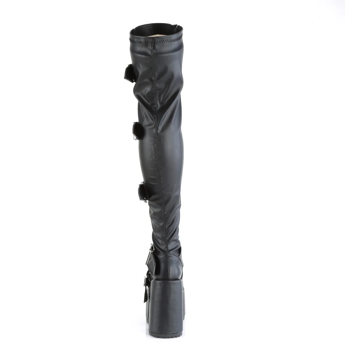 Demonia CAMEL-305 | Black Stretch Vegan Leather Above Knee Boots