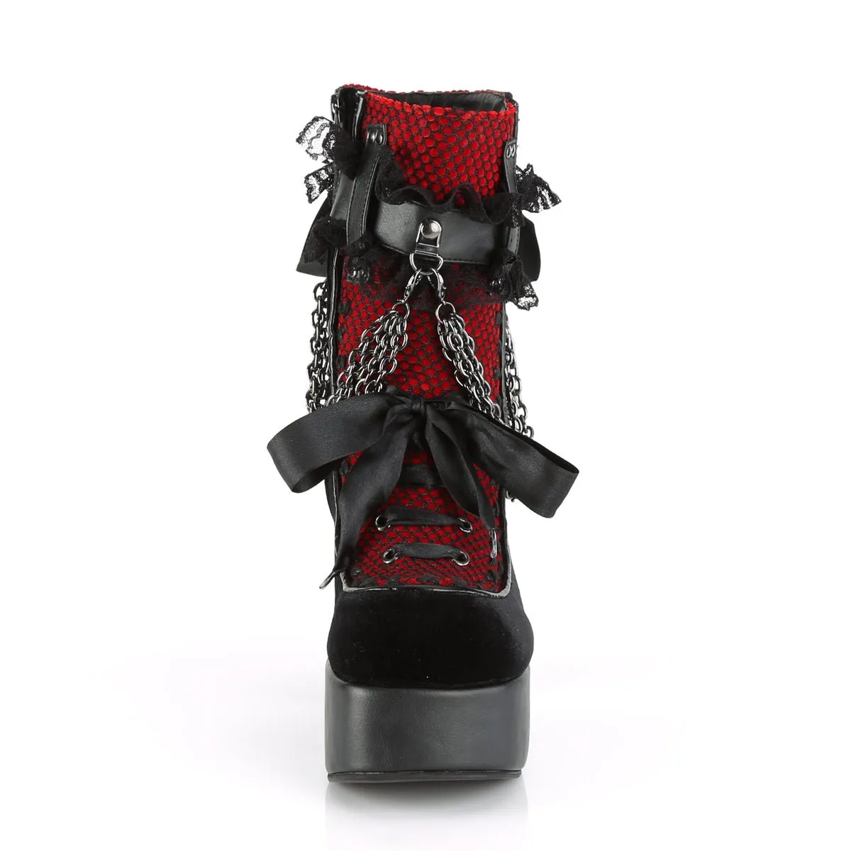 Demonia CHARADE-110 | Blk & Red Velvet Fishnet Cover Ankle Boots