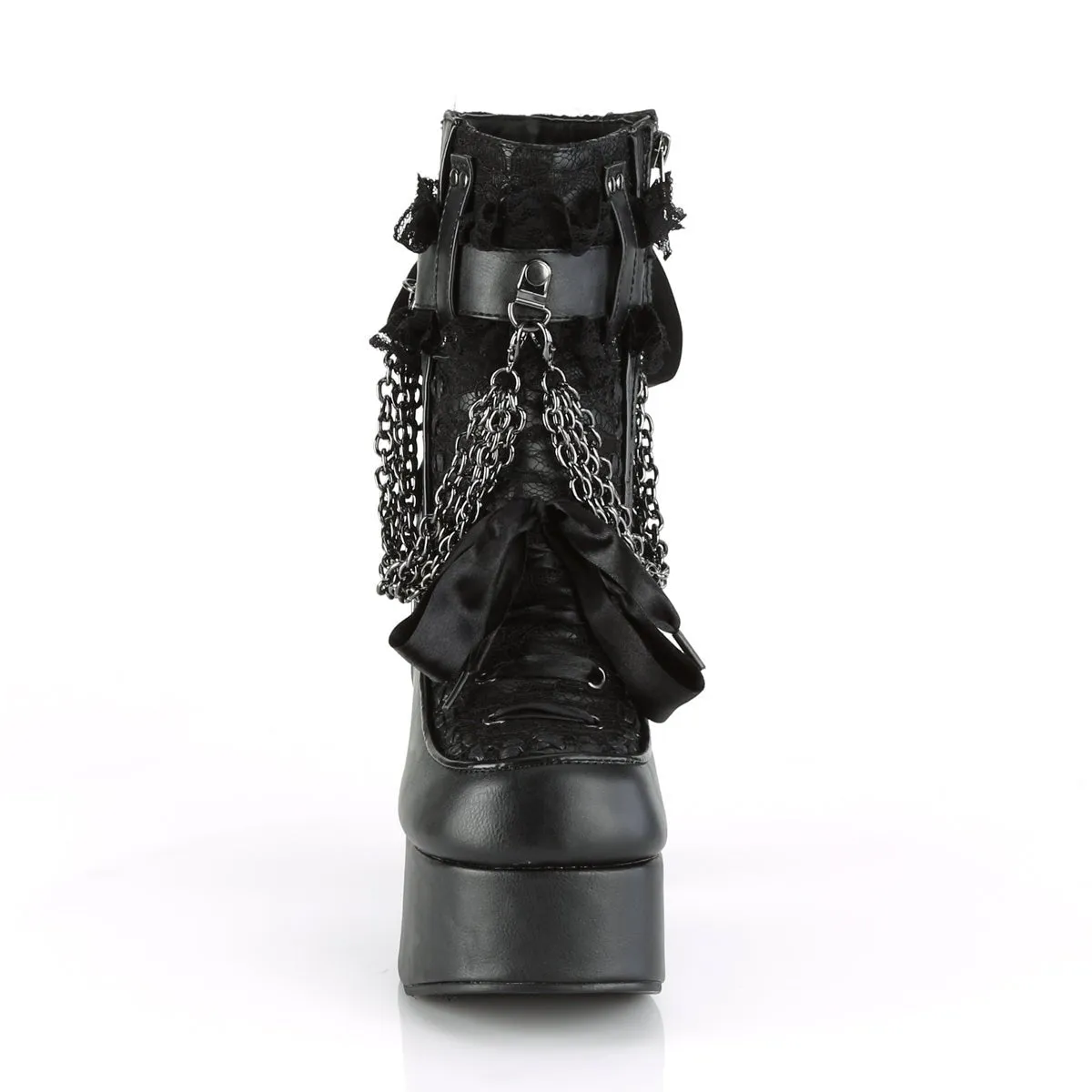 Demonia CHARADE-110 | Blk Vegan Leather & Lace Cover Ankle Boots