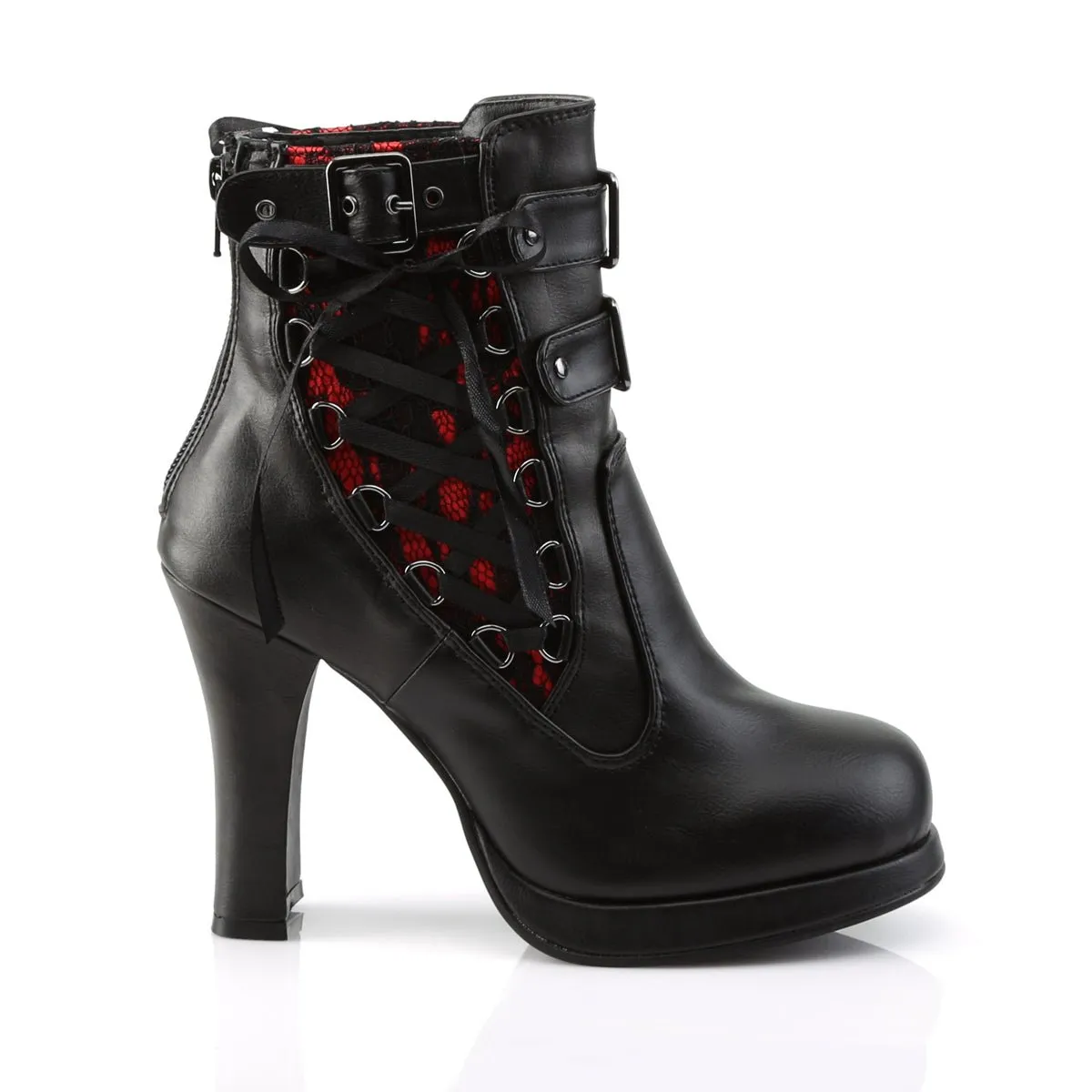 Demonia CRYPTO-51 | Black & Red Lace & Vegan Leather Ankle Boots