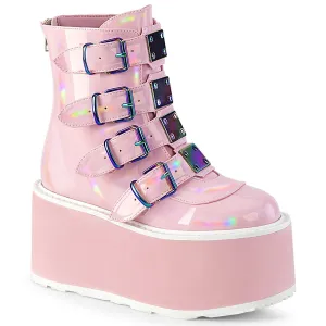 Demonia DAMNED-105 | Baby Pink Hologram Patent Ankle Boots