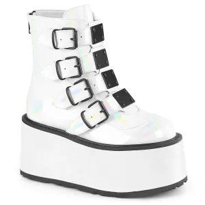 Demonia DAMNED-105 | White Holographic Patent Ankle Boots