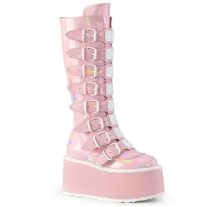 Demonia DAMNED-318 | Baby Pink Hologram Patent Knee High Boots