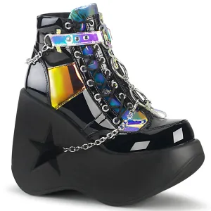 Demonia DYNAMITE-101 | Blk Patent & Magic Mirror TPU Ankle Boots