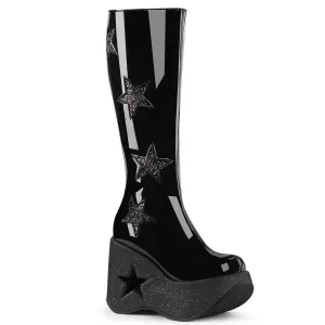 Demonia DYNAMITE-218 | Blk Glitter Pat. Leather Knee High Boots