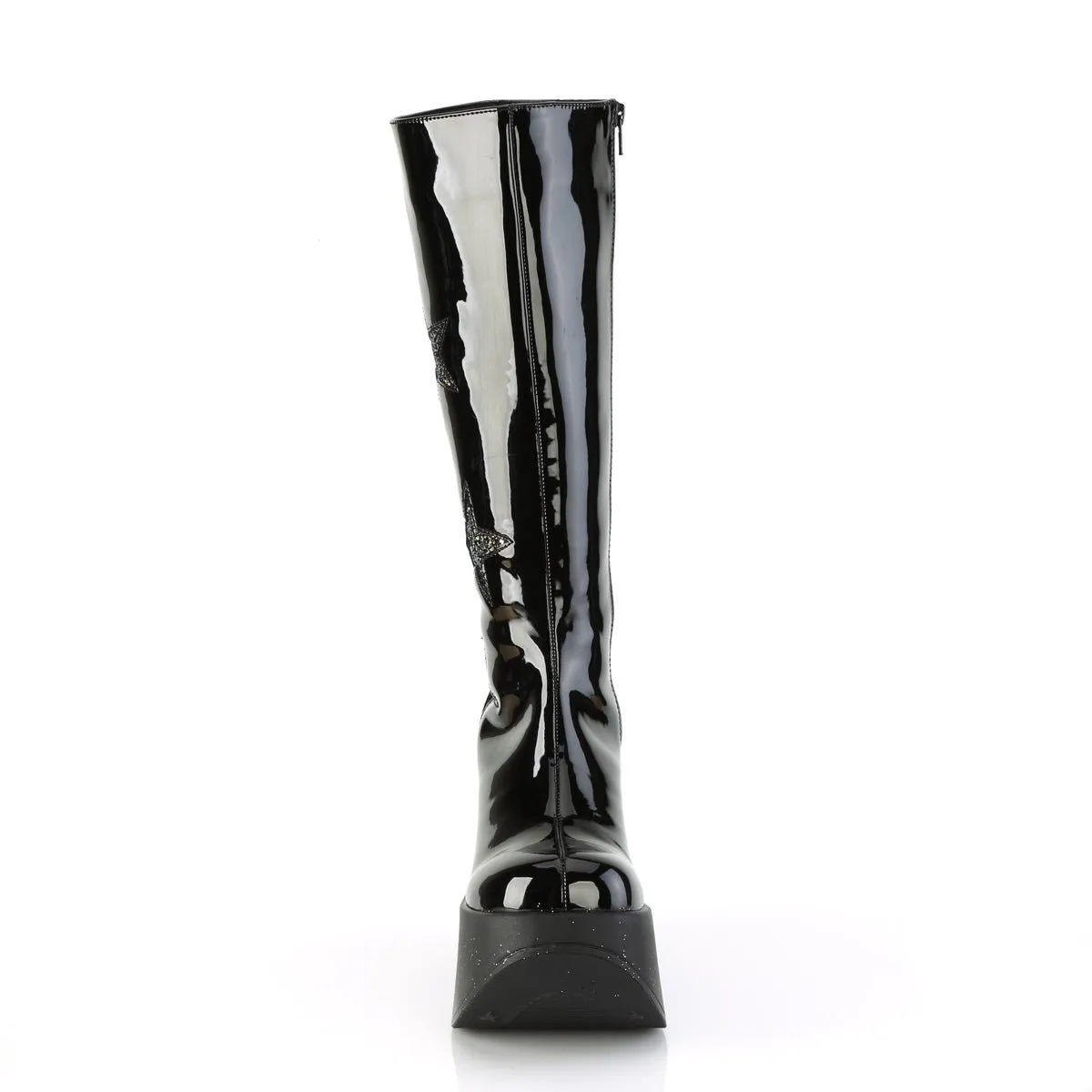 Demonia DYNAMITE-218 | Blk Glitter Pat. Leather Knee High Boots