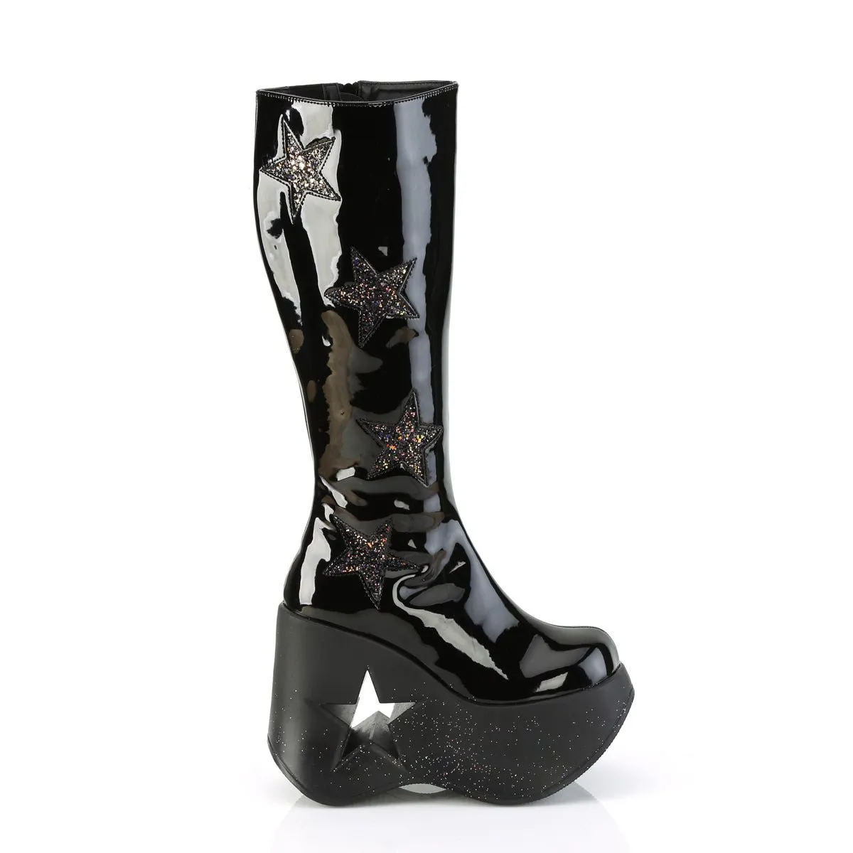 Demonia DYNAMITE-218 | Blk Glitter Pat. Leather Knee High Boots