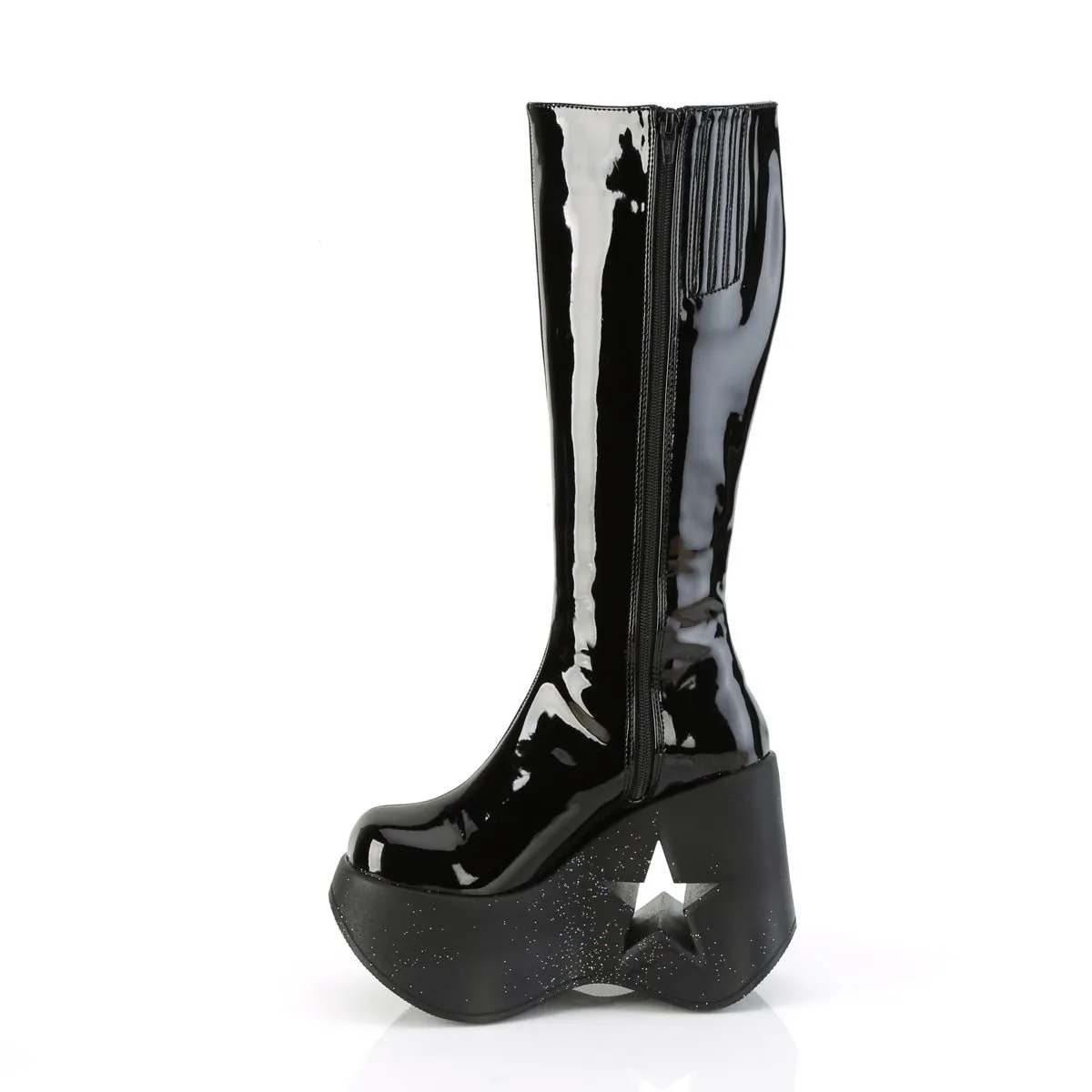 Demonia DYNAMITE-218 | Blk Glitter Pat. Leather Knee High Boots