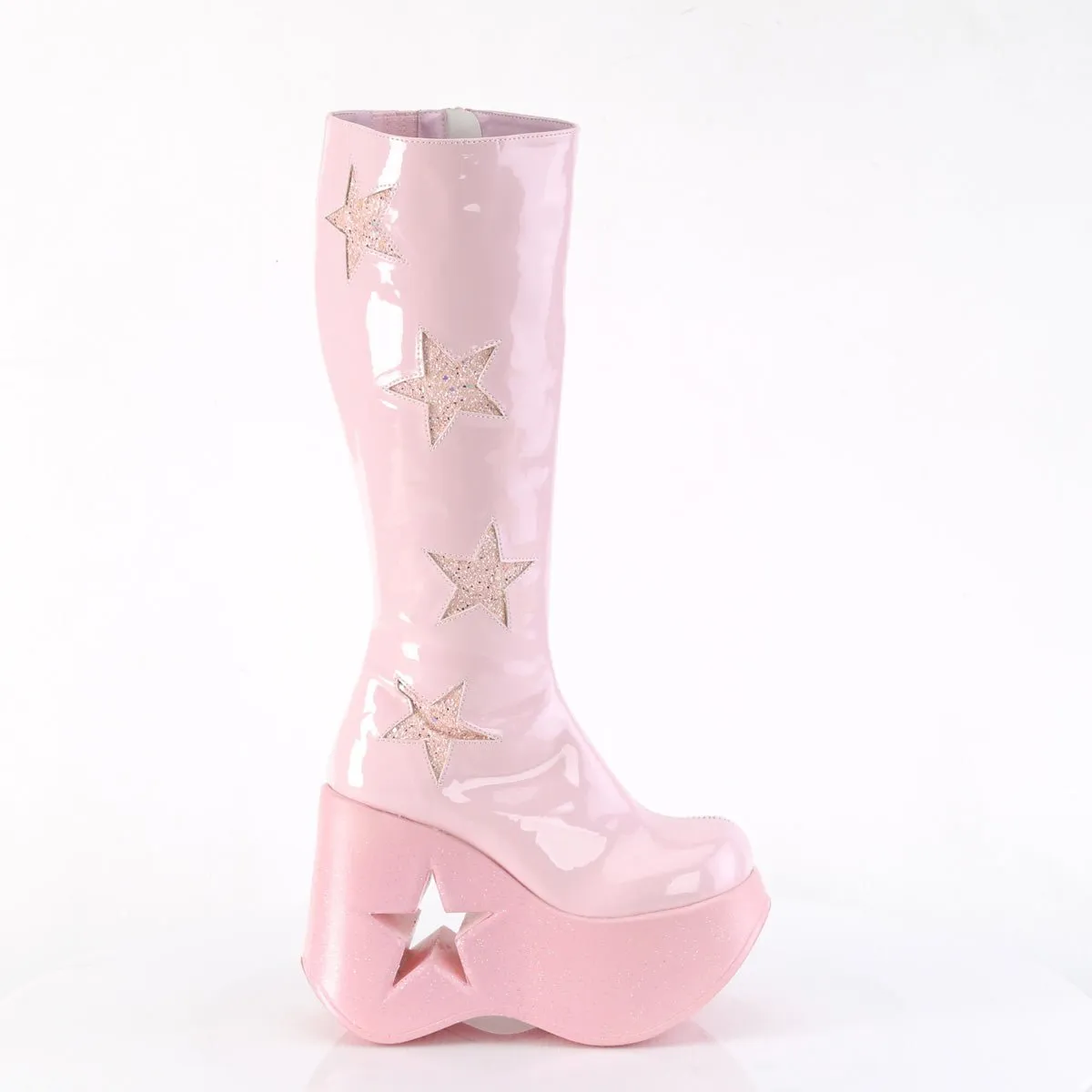 Demonia DYNAMITE-218 | Pink Glitter Pat. Leather Knee High Boots